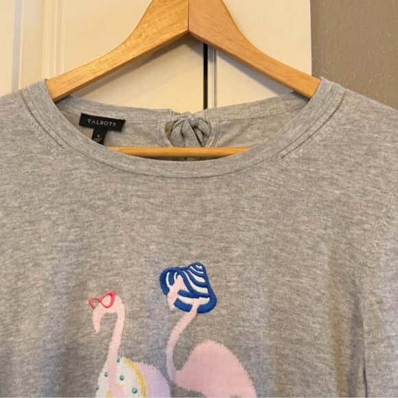 Women Talbots Lightweight Gray Flamingo Tie Back Long‎ Sleeve Sweater-Size Small - Picture 6 of 10